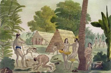 Alfândega dos Habitantes das Ilhas Marianas, placa 28 de &39;Le Costume Ancien et Moderne&39;, de Jules Ferrario, publicada c.1820s-30s